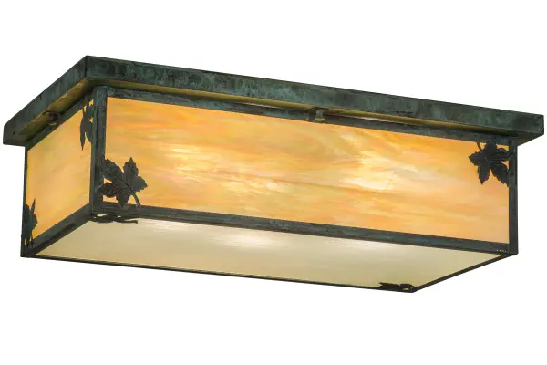 Delicately etched of Solid Brass; graceful Maple Leaves accent this stunning oblong fixture. Handcrafted of Beige Iridescent art glass with Frosted Rain Glass on the bottom diffuser; this fixture is enhanced with decorative accents and hardware featured in a Verdigris finish. The Craftsman Signature piece is created by Meyda artisans at the foothills of the Adirondack Mountains. Custom sizes; styles; colors and dimmable energy efficient lamping options are available. UL and cUL Listed.