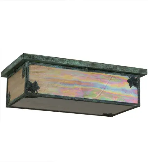 Delicately etched of Solid Brass; graceful Maple Leaves accent this stunning oblong fixture. Handcrafted of Beige Iridescent art glass with Frosted Rain Glass on the bottom diffuser; this fixture is enhanced with decorative accents and hardware featured in a Verdigris finish. The Craftsman Signature piece is created by Meyda artisans at the foothills of the Adirondack Mountains. Custom sizes; styles; colors and dimmable energy efficient lamping options are available. UL and cUL Listed. - alternate view