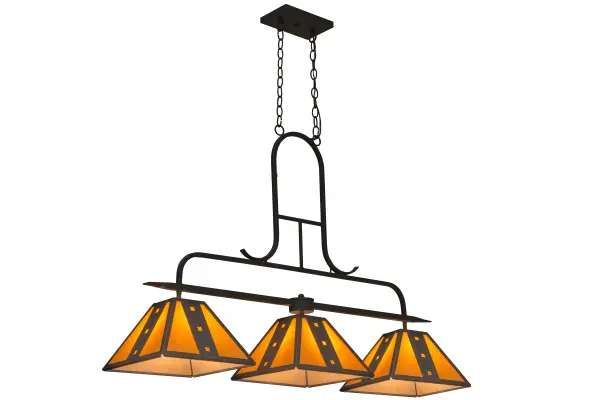 A stunning lighting design that integrates handsome shades with appealing hardware. Three Amber Quartz Idalight shades; fashioned with geometrically designed steel elements; are suspended from a curved frame and hardware featured in a Copper Rust Textured finish. This oblong fixture is ideal for illuminating billiard tables; islands; counters; bars and other spaces. Custom crafted in the USA; this pendant is available in custom sizes; designs; colors and dimmable energy efficient lamping options. UL and cUL listed for dry and damp locations.