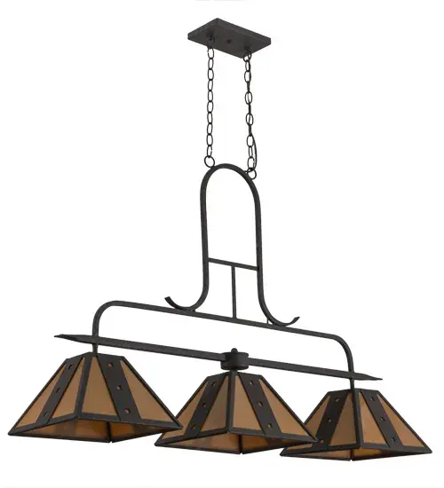 A stunning lighting design that integrates handsome shades with appealing hardware. Three Amber Quartz Idalight shades; fashioned with geometrically designed steel elements; are suspended from a curved frame and hardware featured in a Copper Rust Textured finish. This oblong fixture is ideal for illuminating billiard tables; islands; counters; bars and other spaces. Custom crafted in the USA; this pendant is available in custom sizes; designs; colors and dimmable energy efficient lamping options. UL and cUL listed for dry and damp locations. - alternate view