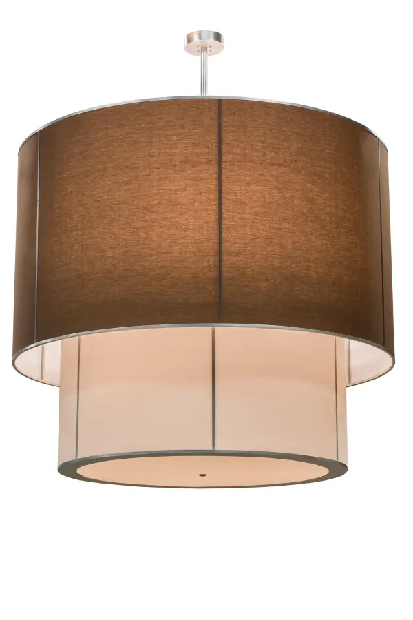 Designed for a sophisticated architectural look; this Grand 72-inch wide fixture is designed with two tiers featuring curved Mahogany and Cream colored Textrene shades; with a lower diffuser displaying Statuario Idalight. The canopy and hardware are featured in a Nickel powdercoat finish. Ideal for a conference room; foyer; lobby or other large spaces; this transitional styled fixture is custom crafted in the USA. Custom sizes; styles; colors and dimmable energy efficient lamping options are offered. The fixture is UL and cUL listed for damp and dry locations.