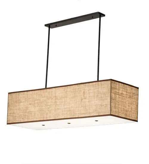 Casual elegance comes to light with the Quadrato Lounge lighting design. This dapper oblong pendant features Beige Burlap with Dark Brown Trim which is enhanced with a Statuario Idalight bottom diffuser. The charming shade is complemented with a frame and hardware featured in a warm Timeless Bronze finish. The fixture is ideal for illuminating billiard and dining tables; islands; counters and bars. Handmade in the USA; this pendant is available in custom sizes; styles and colors; as well as dimmable energy efficient lamping options such as LED. The fixture is UL and cUL listed for damp and dry locations. - alternate view