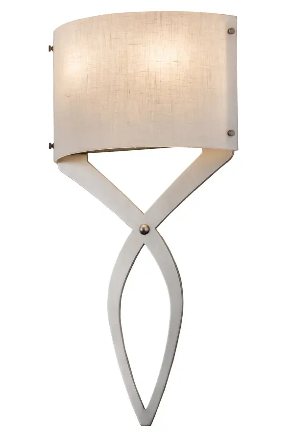 Offering a refined architectural look that will complement the most luxurious interiors, this Canterbury wall fixture creates soft illumination and sophistication with an elegant material palette. The curvaceous Off-White Textrene shade is enhanced with Nickel finished crossbar hardware. The Canterbury Wall Sconce is featured in our American-made, American-designed, handcrafted Modern Collection. It is UL and cUL listed for dry and damp locations, however, we do not recommend placing it in spaces that experience a large amount of moisture due to the fabric shade. Collection: Canterbury Finish: Nickel Glass: Off-Whte Textrene Width: 12.00" Height: 24.00" Length: 4.00" Weight: 4.00 lb Extension from Wall: 4.00" Number of Bulbs: 2 Maximum Wattage: 40.00 W Bulb Type: CA10 Bulb Base: E12 Material: Steel Country of Origin: USA Safety Listing: Dry Safety Rating: Damp