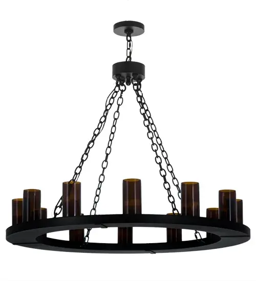 Create a warming, welcoming effect with this distinctive fixture for an entryway, grand dining room or lobby. The is exquisite Chandelier features the charm of Clear Amber glass Cylindres paired with the strength of a solid steel ring shaped frame finished in a bold Black hue. Custom crafted by Meyda artisans at our manufacturing facility in the USA, this fixture is available in custom colors, styles and sizes, as well as dimmable, energy efficient lamping. UL and cUL listed for dry and damp locations. Collection: Loxley Finish: Black Glass: Transparent Amber Width: 42.00" Height: 52.00" Length: 42.00" Weight: 61.00 lb Number of Bulbs: 12 Maximum Wattage: 40.00 W Bulb Type: CA10 Bulb Base: E26 Material: Steel Country of Origin: USA Safety Listing: Damp Safety Rating: Damp - alternate view