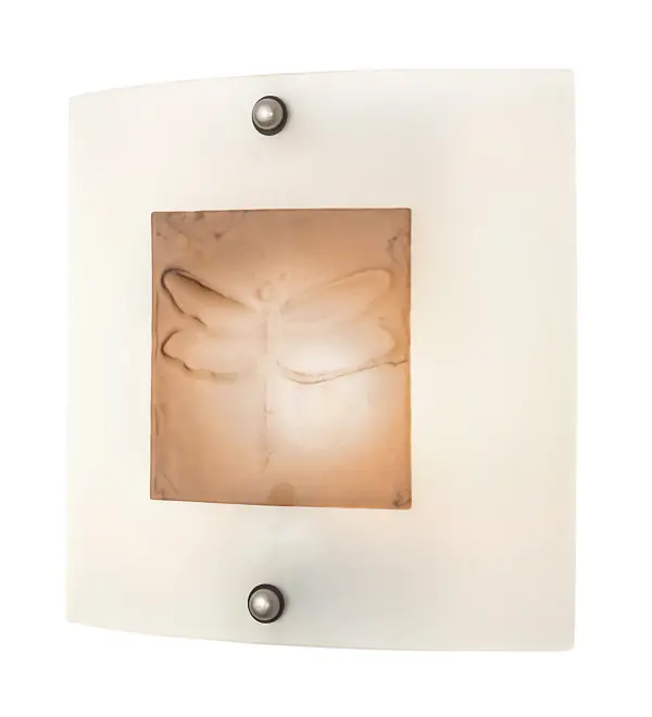 A subtle, elegant Dragonfly design is featured in Bronze colored fused glass highlighted on a square profile which is embossed on Clear Frost art glass to create a stunning piece of art. Hand cut glass is high fired and hot fused together for a unique effect. Decorative accents are featured in a Nickel finish. Handmade by Meyda artisans in the USA, this dramatic lighting design is available in custom colors, sizes, styles and energy efficient lamping options. The wall fixture is UL and cUL listed for dry and damp locations. Collection: Metro Fusion Finish: Nickel Glass: Fused Glass Width: 11.00" Height: 11.00" Length: 3.50" Weight: 4.00 lb Extension from Wall: 3.50" Number of Bulbs: 1 Maximum Wattage: 60.00 W Bulb Type: T10 Bulb Base: E26 Material: Steel Country of Origin: USA Safety Listing: Damp Safety Rating: Damp