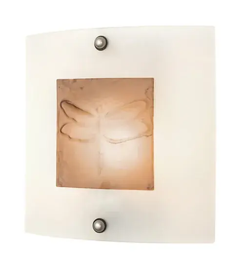 A subtle, elegant Dragonfly design is featured in Bronze colored fused glass highlighted on a square profile which is embossed on Clear Frost art glass to create a stunning piece of art. Hand cut glass is high fired and hot fused together for a unique effect. Decorative accents are featured in a Nickel finish. Handmade by Meyda artisans in the USA, this dramatic lighting design is available in custom colors, sizes, styles and energy efficient lamping options. The wall fixture is UL and cUL listed for dry and damp locations. Collection: Metro Fusion Finish: Nickel Glass: Fused Glass Width: 11.00" Height: 11.00" Length: 3.50" Weight: 4.00 lb Extension from Wall: 3.50" Number of Bulbs: 1 Maximum Wattage: 60.00 W Bulb Type: T10 Bulb Base: E26 Material: Steel Country of Origin: USA Safety Listing: Damp Safety Rating: Damp - alternate view