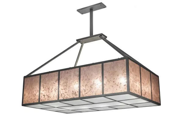 A new transitional classic that adds earthy luxury to residential and commercial settings; this stunning Mission styled pendant is inspired by the Arts & Crafts movement. Kaplan features rich Silver Mica side panels; which are enhanced with a Frosted Glass bottom diffuser. Bold geometric lines; borders and hardware are featured in a Smoke finish. This oblong pendant is perfect for illuminating dining tables; billiard tables; islands and counters in residential and commercial settings. Custom crafted by the hands of artisans in Yorkville; New York. Custom colors; styles and sizes are available. Energy efficient lamping options are offered. This pendant is UL and cUL listed.