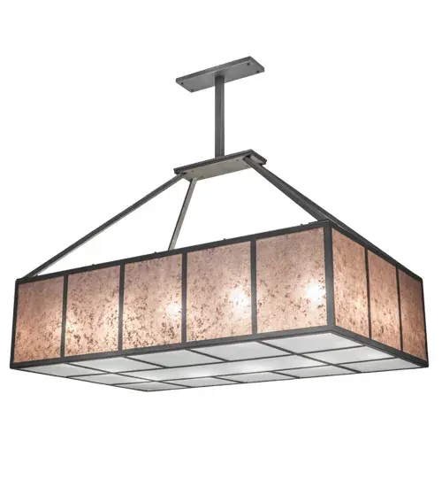 A new transitional classic that adds earthy luxury to residential and commercial settings; this stunning Mission styled pendant is inspired by the Arts & Crafts movement. Kaplan features rich Silver Mica side panels; which are enhanced with a Frosted Glass bottom diffuser. Bold geometric lines; borders and hardware are featured in a Smoke finish. This oblong pendant is perfect for illuminating dining tables; billiard tables; islands and counters in residential and commercial settings. Custom crafted by the hands of artisans in Yorkville; New York. Custom colors; styles and sizes are available. Energy efficient lamping options are offered. This pendant is UL and cUL listed. - alternate view