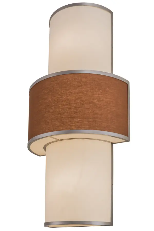 A luxurious multi-dimensional design reveals the elegant; distinguished architectural look of this wall fixture. Clean sophistication astounds with round surfaces and straight lines to enhance a room while providing an effective source of light. The fixture features a cylindrical diffuser in Eggshell Textrene; which is wrapped with a Mahogany Textrene element. The luminaire is enhanced with Nickel finished accents and hardware and is perfect illumination for corridors and other rooms. Handcrafted in our 180;000 square foot manufacturing facility in Yorkville; New York. Options include energy efficient lamping options; as well as custom sizes; styles and colors. This sconce is UL and cUL listed for damp and dry locations.