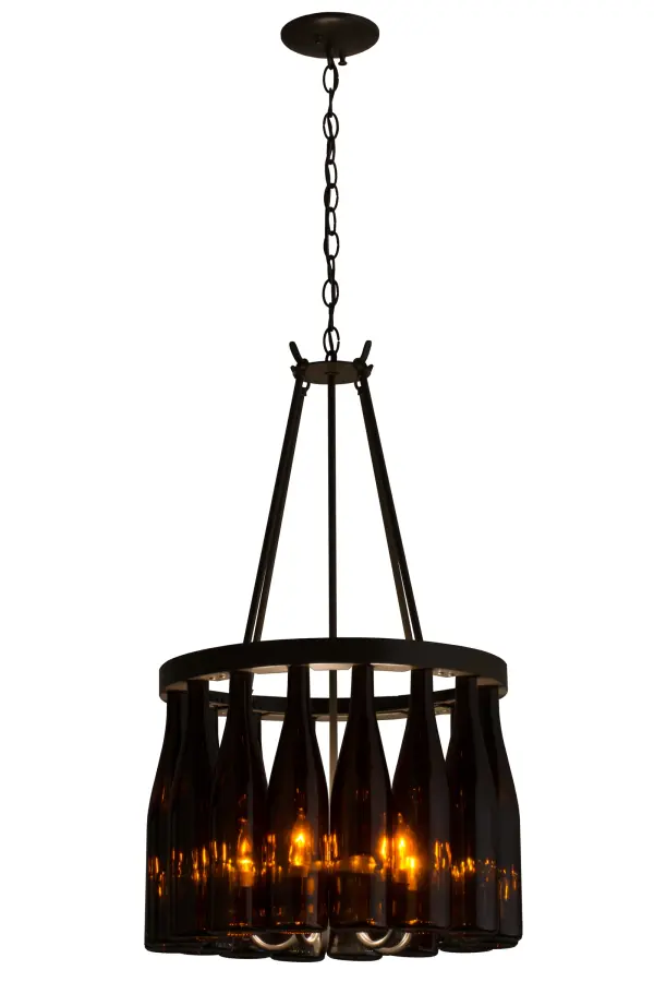 Capture the life of any party with authentic wine bottle lighting... so much fun that you may want to hang from this chandelier, but don't. The fixture does so much more than deliver light, it adds personality and pizazz to any interior. Perfect for homes, restaurants, hotels, pubs, nightclubs, wineries, and retailers, the chandelier is custom crafted with 16 authentic Amber wine bottles attached to sturdy hardware featured in a Timeless Bronze finish. The fixture is handmade by Meyda artisans in our manufacturing facilities in upstate New York. Custom colors, styles and sizes are available. Energy efficient lamping options are offered. The fixture is UL and cUL listed for damp and dry locations. Collection: Tuscan Vineyard Finish: Timeless Bronze Glass: Amber Glass Width: 17.00" Height: 34.00" Length: 17.00" Weight: 27.00 lb Extension from Wall: 7.50" Number of Bulbs: 5 Maximum Wattage: 60.00 W Bulb Type: BA9 Bulb Base: Candelabra Material: Metal Country of Origin: USA Safety Listing: Damp Safety Rating: Damp