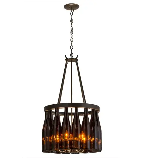 Capture the life of any party with authentic wine bottle lighting... so much fun that you may want to hang from this chandelier, but don't. The fixture does so much more than deliver light, it adds personality and pizazz to any interior. Perfect for homes, restaurants, hotels, pubs, nightclubs, wineries, and retailers, the chandelier is custom crafted with 16 authentic Amber wine bottles attached to sturdy hardware featured in a Timeless Bronze finish. The fixture is handmade by Meyda artisans in our manufacturing facilities in upstate New York. Custom colors, styles and sizes are available. Energy efficient lamping options are offered. The fixture is UL and cUL listed for damp and dry locations. Collection: Tuscan Vineyard Finish: Timeless Bronze Glass: Amber Glass Width: 17.00" Height: 34.00" Length: 17.00" Weight: 27.00 lb Extension from Wall: 7.50" Number of Bulbs: 5 Maximum Wattage: 60.00 W Bulb Type: BA9 Bulb Base: Candelabra Material: Metal Country of Origin: USA Safety Listing: Damp Safety Rating: Damp - alternate view