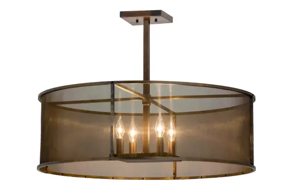 Offering sophistication with a distinctive luxurious look; Cilindro Rame is handcrafted of 100 Percent Solid Brass. The pendant reveals Solid Brass mesh; frame and hardware; which are featured in an Antique finish. The mesh encircles a four-light faux candelabra for beautiful ambient lighting. This American-made fixture was created by the hands of artisans at our manufacturing facility in Upstate New York. Custom sizes; styles and colors are available; as well as dimmable; energy efficient lamping options such as LED. UL and cUL listed for damp and dry locations.