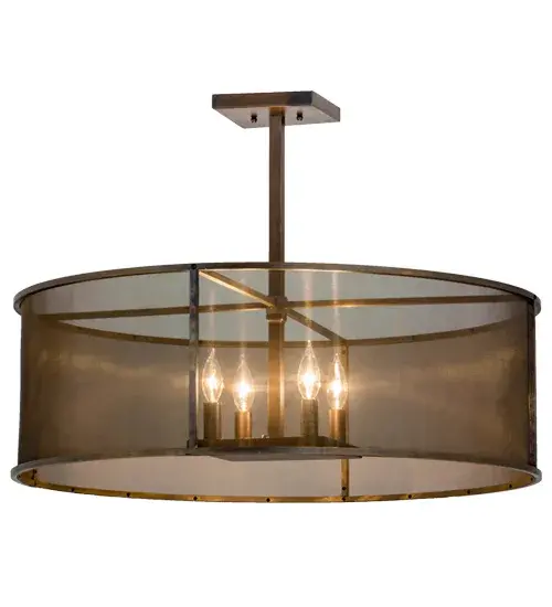 Offering sophistication with a distinctive luxurious look; Cilindro Rame is handcrafted of 100 Percent Solid Brass. The pendant reveals Solid Brass mesh; frame and hardware; which are featured in an Antique finish. The mesh encircles a four-light faux candelabra for beautiful ambient lighting. This American-made fixture was created by the hands of artisans at our manufacturing facility in Upstate New York. Custom sizes; styles and colors are available; as well as dimmable; energy efficient lamping options such as LED. UL and cUL listed for damp and dry locations. - alternate view