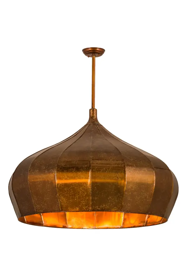 Like an uncommon onion body ready to unfurl each layer of densely clustered fibrous skin petal by petal; this creation evolves as a unique lighting centerpiece for a kitchen; foyer or any room in nearly any space. Punjab features a Solid Steel pendant handcrafted in a Transparent Copper finish with Gold Highlights. Custom crafted in our manufacturing facility in the USA; this fixture is available in custom materials; styles and finishes; as well as dimmable energy efficient lamping options. UL and cUL Listed.