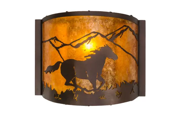 Running wild and free along the mountainside and into the sunset; this Running Horse is adorned with a windswept mane and flowing tail. The horse is graced with muscle that is so powerful yet so gentle. This exquisite ADA Compliant Wall Sconce captures a horse silhouette with matching frame and hardware in a Mahogany Bronze finish. The hardware is complemented with a stunning Amber Mica diffuser. Domestically produced in our 180; 000 square foot manufacturing facility in Yorkville; New York. Customize diffuser colors; metal finishes and fixture sizes to your preference. UL and cUL listed for damp and dry locations.