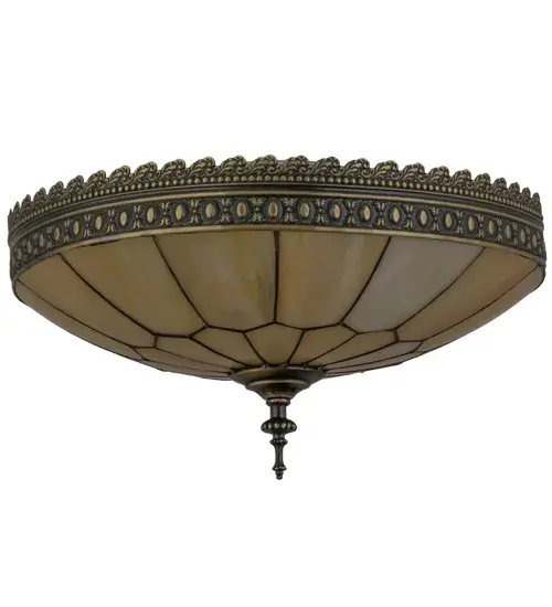 The Honeycomb patterned Beige Iridescent shade; created with high fired; kiln formed art glass; is highlighted on this elegant dramatic lighting fixture and will make a stunning design statement in any room. This beautiful shade is complemented with an exquisite; intricate patterned Solid Brass border; along with hardware and matching finial featured in a Craftsman Brown Highlighted finish. This fixture is handcrafted by our artisans in the USA using the famous Meyda Tiffany copperfoil construction process. Custom sizes; styles and colors are offered; as well as dimmable energy efficient lamping options. This fixture is UL and cUL listed for dry and damp locations. - alternate view