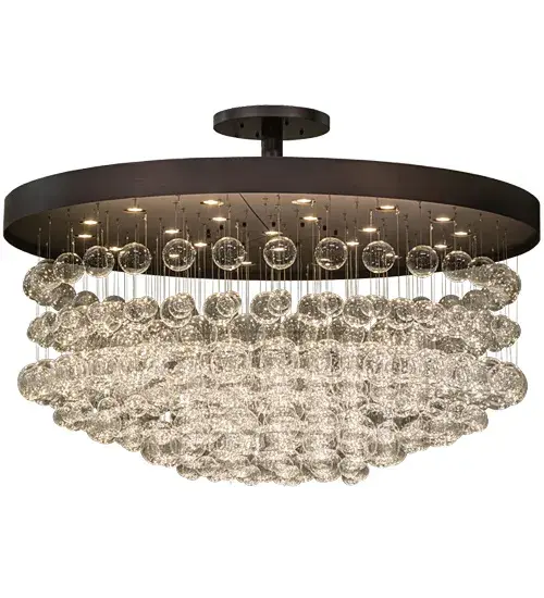 An ethereal, massive centerpiece for any residential, hospitality, or commercial space... This mesmerizing ceiling fixture design comes to light as perfectly formed, sphere-like Crystal Bubbles appear to flow as the light from 22 lamps makes them gleam like magic. The stunning and unique Cilindro Bulle Flushmount features 72 Clear Crystal Miniature Orbs. A handsome hub features a Mahogany Bronze finish with Macadamia-finished accents that support the frame. See this fixture hardware with a distinctive Dark Gold Organza shade, the 72 Wide Bulle Semi-Flushmount, model 158190. The Bulle Semi-Flushmount is included in our American-made, American-designed Modern Lighting Collection. The eye-catching ceiling fixture is manufactured in Yorkville, New York. It is UL and cUL listed for dry and damp locations." Collection: Bulle Finish: Mahogany Bronze Glass: Mahogany Bronze/Macadamia Width: 72.00" Height: 50.00" Length: 72.00" Weight: 440.00 lb Number of Bulbs: 22 Maximum Wattage: 60.00 W Bulb Type: MR16 Bulb Base: E26 Light Source: LED Material: Steel Country of Origin: USA Safety Listing: Damp Safety Rating: Damp LED