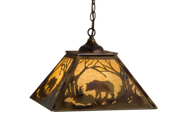 This nature inspired pendant depicts a majestic Bear meandering through two entangled trees in an enchanting forest as the warm summer sun beckons in the background. Warm ambient light is emitted through stunning Beige art glass, which is enhanced by accents and frame featured in a unique Burnished Brass Tint finish. The fixture is handcrafted in the Meyda facility at the foothills of the Adirondack Mountains in the USA. Custom designs, sizes, colors and dimmable energy efficient lamping options are available. This pendant is UL and cUL listed. Collection: Bear At Dawn Finish: Burnished Brass Tint Glass: Beige Art Glass Width: 22.50" Height: 14.50" Length: 16.00" Weight: 12.00 lb Number of Bulbs: 3 Maximum Wattage: 60.00 W Bulb Type: A19 Bulb Base: E26 Light Source: LED Material: Steel Country of Origin: USA Safety Listing: Damp Safety Rating: Damp LED