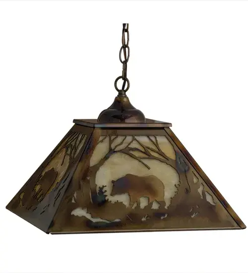 This nature inspired pendant depicts a majestic Bear meandering through two entangled trees in an enchanting forest as the warm summer sun beckons in the background. Warm ambient light is emitted through stunning Beige art glass, which is enhanced by accents and frame featured in a unique Burnished Brass Tint finish. The fixture is handcrafted in the Meyda facility at the foothills of the Adirondack Mountains in the USA. Custom designs, sizes, colors and dimmable energy efficient lamping options are available. This pendant is UL and cUL listed. Collection: Bear At Dawn Finish: Burnished Brass Tint Glass: Beige Art Glass Width: 22.50" Height: 14.50" Length: 16.00" Weight: 12.00 lb Number of Bulbs: 3 Maximum Wattage: 60.00 W Bulb Type: A19 Bulb Base: E26 Light Source: LED Material: Steel Country of Origin: USA Safety Listing: Damp Safety Rating: Damp LED - alternate view