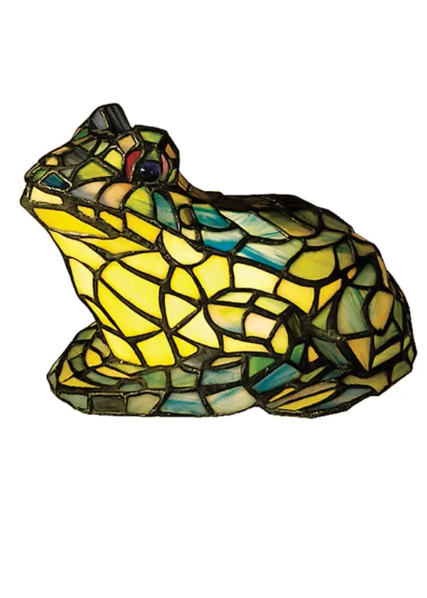 Hundreds of pieces of hand-cut, polished, copper foiled and soldered stained glass are transformed into this charming, lighted three dimensional sculpture. This adorable lighted Frog accent lamp is created from Pond Green stained art glass with a touch of Red at it's eyes that are made of glistening glass jewels. Collection: Frog Finish: Rust,Wrought Iron Glass: Eb Pb Ia Width: 10.00" Height: 7.00" Length: 11.00" Weight: 2.50 lb Extension from Wall: 10.00" Number of Bulbs: 1 Maximum Wattage: 15.00 W Bulb Type: B10 Bulb Base: E12 Material: Steel Country of Origin: CHINA Safety Listing: Dry Safety Rating: Dry