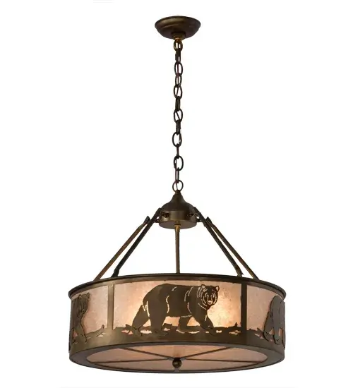 Drawing inspiration from the wildlife and natural beauty in the nearby Adirondack Mountains; this pendant features a striking silhouette of a Black Bear meandering through the woods. This stunning Silver Mica diffuser is complemented with hardware; frame and accents in an Antique Copper finish. Handcrafted by highly skilled artisans in our manufacturing facility; this pendant is available in custom styles; colors and sizes; and with dimmable energy efficient lamping options such as LED. The Black Bear pendant is UL and cUL listed for dry and damp locations. - alternate view