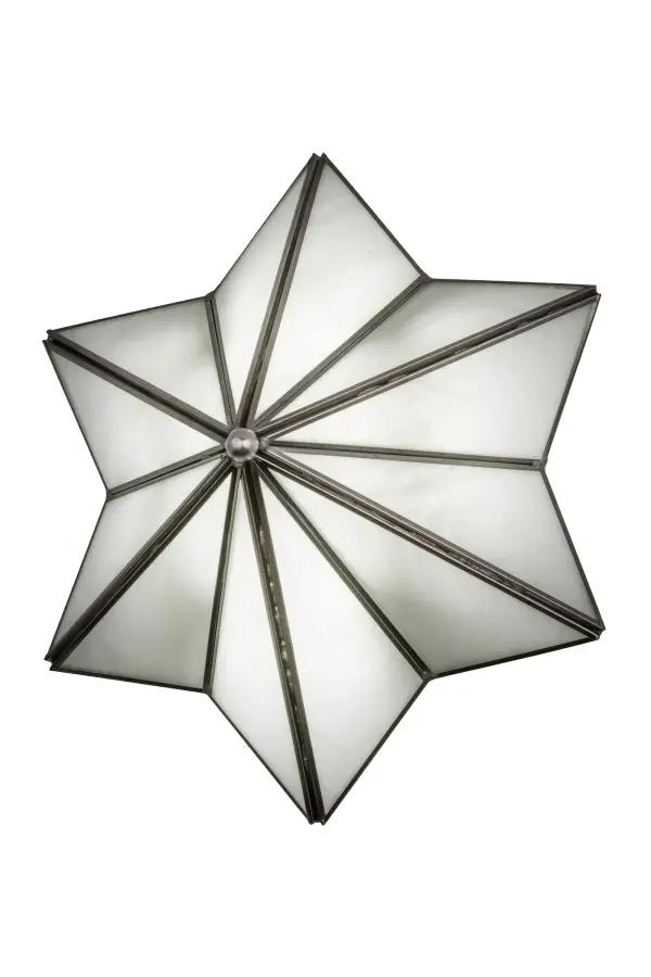 Like a proud evening star shining among the heavens, this six pointed Star wall sconce is custom crafted from White Art Glass with straight line accents featured in a Brushed Nickel finish. This brilliant Star provides magical illumination and beautiful ambient light as integral LEDs deliver significant energy savings, reduced maintenance and long lamp life. Custom colors, styles and sizes are available, as well as dimmable lamping options. The fixture is UL and cUL listed for damp and dry locations. Collection: Star Finish: Brushed Nickel Glass: White Art Glass Width: 11.00" Height: 12.50" Length: 5.00" Weight: 2.50 lb Extension from Wall: 5.00" Number of Bulbs: 3 Maximum Wattage: 15.00 W Bulb Type: STRIP Bulb Base: INTEGRAL Light Source: LED Color Temperature: 3000 K Material: Steel Country of Origin: USA Safety Listing: Damp Safety Rating: Damp LED