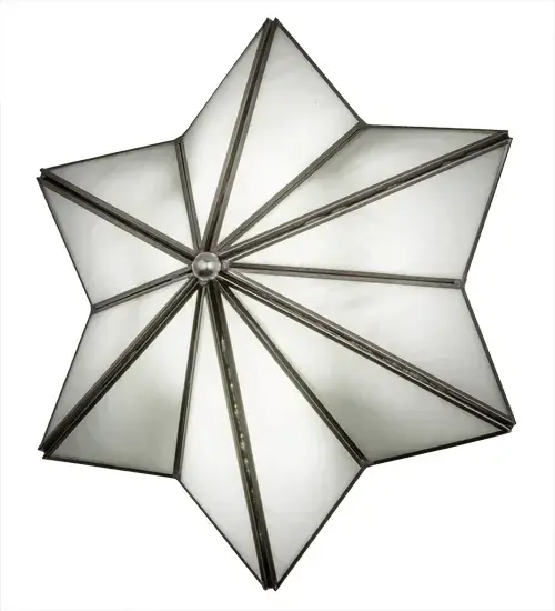 Like a proud evening star shining among the heavens, this six pointed Star wall sconce is custom crafted from White Art Glass with straight line accents featured in a Brushed Nickel finish. This brilliant Star provides magical illumination and beautiful ambient light as integral LEDs deliver significant energy savings, reduced maintenance and long lamp life. Custom colors, styles and sizes are available, as well as dimmable lamping options. The fixture is UL and cUL listed for damp and dry locations. Collection: Star Finish: Brushed Nickel Glass: White Art Glass Width: 11.00" Height: 12.50" Length: 5.00" Weight: 2.50 lb Extension from Wall: 5.00" Number of Bulbs: 3 Maximum Wattage: 15.00 W Bulb Type: STRIP Bulb Base: INTEGRAL Light Source: LED Color Temperature: 3000 K Material: Steel Country of Origin: USA Safety Listing: Damp Safety Rating: Damp LED - alternate view