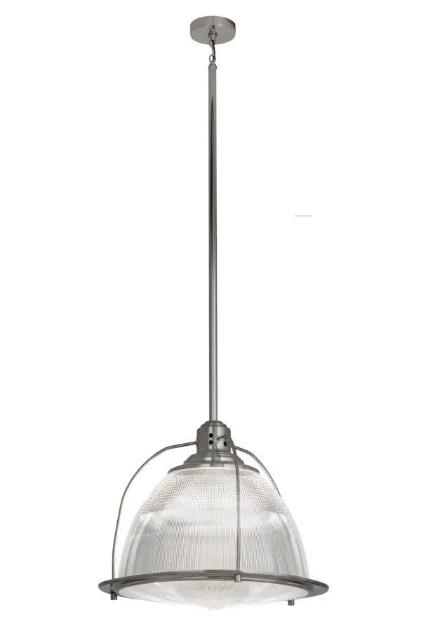 Designed to create a classic industrial look coupled with intriguing effects of diffused ambient light, this pendant features a dome shaped lens handcrafted of Prismatic Crystal Idalight, with a matching bottom diffuser. The architectural styled trim, matching frame and hardware are featured in a Brushed Nickel finish. Custom crafted in the USA, this fixture is available in custom designs, styles and sizes, as well as dimmable energy efficient lamping options. The pendant is UL and cUL listed for damp and dry locations. Collection: Prismatic Finish: Nickel Glass: Crystal Idalight Width: 26.00" Height: 72.00" Length: 26.00" Weight: 18.00 lb Extension from Wall: 4.00" Number of Bulbs: 3 Maximum Wattage: 60.00 W Bulb Type: BA9 Bulb Base: E26 Material: Metal Or Polyresin Country of Origin: USA Safety Listing: Damp Safety Rating: Damp