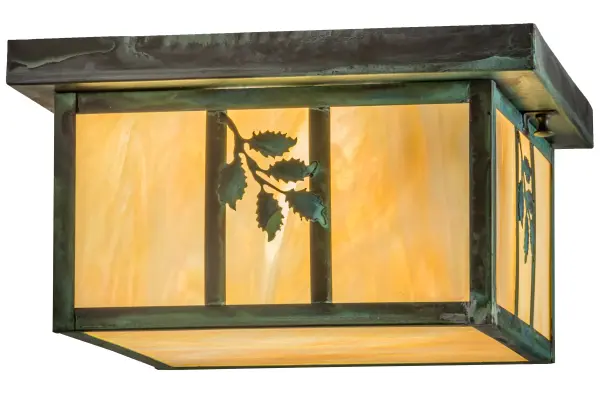Custom crafted of Solid Brass, Single Branch Leaf accents are highlighted on Beige Iridescent art glass and complemented with hardware that is featured in a Verdigris finish. This Craftsman Signature fixture is perfect for indoor and outdoor lighting applications and handcrafted by Meyda artisans in the Yorkville, NY manufacturing facility at the foothills of the Adirondack Mountains. Custom colors, styles and sizes are available. Energy efficient lamping options are offered. The fixture is UL and cUL listed for damp, dry and wet locations. Collection: Hyde Park Finish: Verdigris Glass: Beige Iridescent Glass Width: 17.00" Height: 6.50" Length: 12.00" Weight: 7.50 lb Number of Bulbs: 2 Maximum Wattage: 60.00 W Bulb Type: A19 Bulb Base: Medium Material: Brass Country of Origin: USA Safety Listing: Wet Safety Rating: Wet