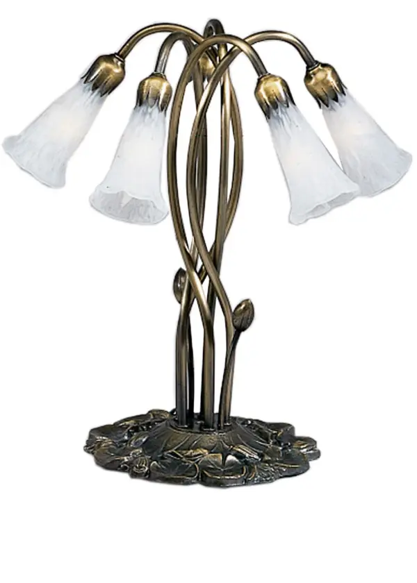 One of the most popular Louis Comfort Tiffany styled lamps on the market today, recreating his famous Favrile design from the early 1900's. This mottled Winter White shaded 5 Light Accent Lamp offers an attractive, delicate design featuring shades mouth blown of fine art glass. Lily shades are suspended from stems delicately winding above a Lily pad base finished by hand in Mahogany Bronze. Collection: White Finish: Mahognany Bronze Glass: White Width: 14.00" Height: 17.00" Length: 14.00" Weight: 7.50 lb Number of Bulbs: 5 Maximum Wattage: 15.00 W Bulb Type: B10 Bulb Base: E12 Material: Zinc Country of Origin: CHINA Safety Listing: Dry Safety Rating: Dry