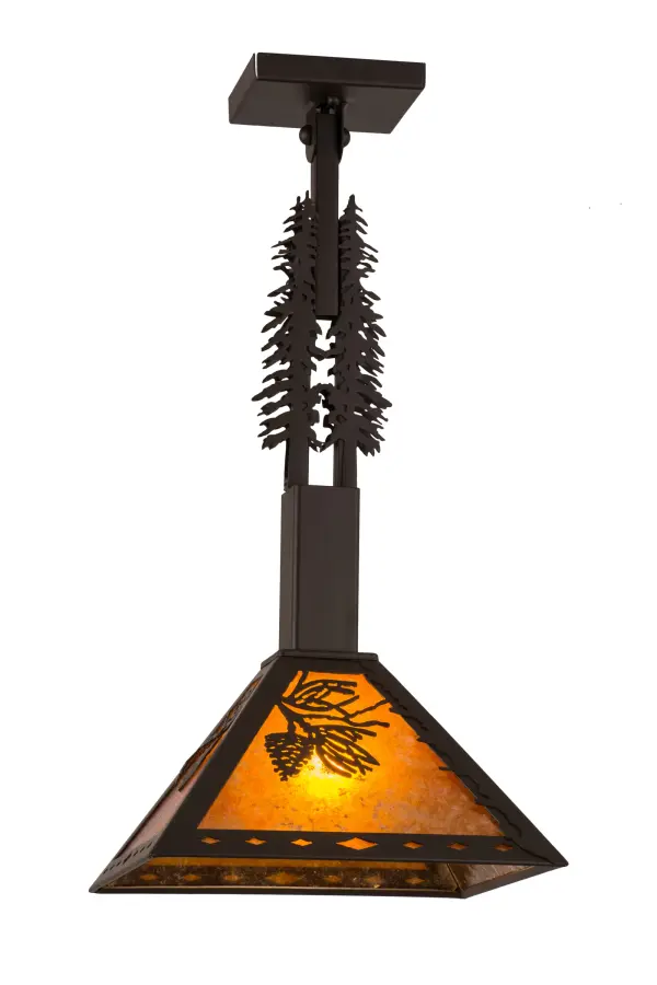 Delicate Pinecones and Pine Needles adorn a stunning Amber Mica Shade while Pine Tree Silhouettes accent the suspension rods of this stunning pendant. The pendant is enhanced with diamond shaped accents on the shade border and hardware featured in an Oil Rubbed Bronze finish. Designed to mount on a sloped or flat ceiling. Ideal for illuminating dining tables, kitchen islands, counters and bars to make a dramatic design statement in timber frame homes and other residential and hospitality settings. Made to Order in our 180,000 square foot manufacturing facility in Upstate New York, at the foothills of the Adirondack Mountains. Custom sizes, shade designs and metal finishes are available. UL and cUL listed for damp and dry locations. Collection: Winter Pine Finish: Oil Rubbed Bronze Glass: Amber Mica Width: 16.50" Height: 24.00" Length: 12.00" Weight: 6.00 lb Number of Bulbs: 1 Maximum Wattage: 60.00 W Bulb Type: A19 Bulb Base: E26 Material: Steel Country of Origin: USA Safety Listing: Damp Safety Rating: Damp