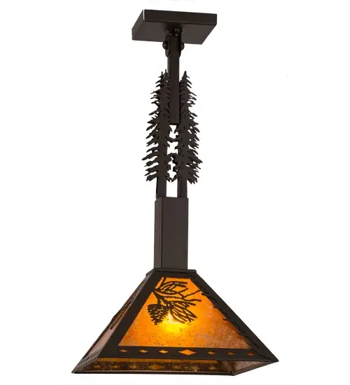Delicate Pinecones and Pine Needles adorn a stunning Amber Mica Shade while Pine Tree Silhouettes accent the suspension rods of this stunning pendant. The pendant is enhanced with diamond shaped accents on the shade border and hardware featured in an Oil Rubbed Bronze finish. Designed to mount on a sloped or flat ceiling. Ideal for illuminating dining tables, kitchen islands, counters and bars to make a dramatic design statement in timber frame homes and other residential and hospitality settings. Made to Order in our 180,000 square foot manufacturing facility in Upstate New York, at the foothills of the Adirondack Mountains. Custom sizes, shade designs and metal finishes are available. UL and cUL listed for damp and dry locations. Collection: Winter Pine Finish: Oil Rubbed Bronze Glass: Amber Mica Width: 16.50" Height: 24.00" Length: 12.00" Weight: 6.00 lb Number of Bulbs: 1 Maximum Wattage: 60.00 W Bulb Type: A19 Bulb Base: E26 Material: Steel Country of Origin: USA Safety Listing: Damp Safety Rating: Damp - alternate view
