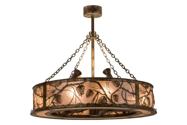 Listen closely. You can almost hear the soft whisper of the Pine Branches as they dance in the wind through this magnificent creation; which combines custom lighting and fan technologies. Beautiful light is diffused through Amber Mica and uplights deliver ambient lighting while gentle breezes are produced by the fan spinning quietly in the center. Decorative accents are featured in a Burnished Antique Copper finish and handcrafted by Meyda Artisans in Yorkville; NY. In the summer; the fan pushes down a windchill that circulates to keep the space cool and comfortable. In winter; the fan is reversed to pull the room air up towards the ceiling and force the warm air back down.
