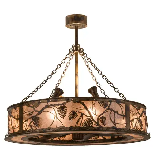 Listen closely. You can almost hear the soft whisper of the Pine Branches as they dance in the wind through this magnificent creation; which combines custom lighting and fan technologies. Beautiful light is diffused through Amber Mica and uplights deliver ambient lighting while gentle breezes are produced by the fan spinning quietly in the center. Decorative accents are featured in a Burnished Antique Copper finish and handcrafted by Meyda Artisans in Yorkville; NY. In the summer; the fan pushes down a windchill that circulates to keep the space cool and comfortable. In winter; the fan is reversed to pull the room air up towards the ceiling and force the warm air back down. - alternate view