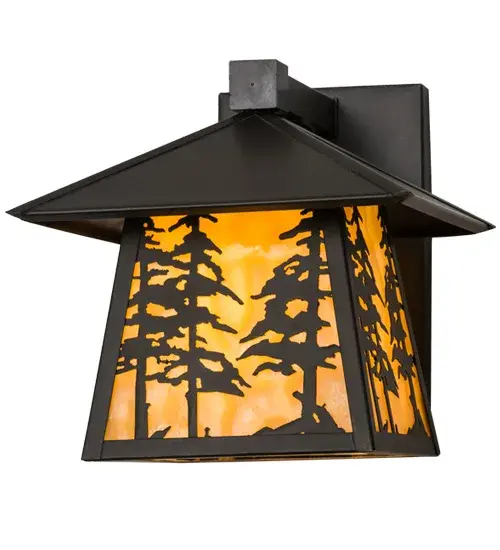 Custom crafted of Solid Brass; delicate designs feature Tall Pine trees; which are symbols for eternal life; fertility; celebration and reaching for the stars. Natural charm comes alive with soft ambient light through stunning Beige art glass; which is complemented by Craftsman Brown finished hardware and decorative accents on this organic inspired fixture. This Craftsman Signature lantern is handcrafted by Meyda artisans in our 180;000 square foot manufacturing facility in Yorkville; New York; at the foothills of the glorious Adirondack Mountains. Custom styles; colors and sizes are available; as well as energy efficient lamping options. This sconce is UL and cUL listed for damp and dry locations. - alternate view