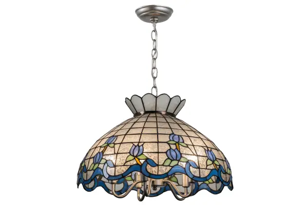 Grace your home or business with this elegant crowned shade, featuring a gridwork of Frost Etched art glass, which is adorned with a border of pale Sapphire swirling ribbons and perfect Ice Blue rosebuds. The shade is crafted of hand cut art glass using Meyda Tiffany's famous copperfoil construction process. The pendant is complemented with hardware featured in a Nickel finish. Options include custom sizes, styles, colors and dimmable energy efficient lamping. This fixture is UL and cUL listed for damp and dry locations. Collection: Roseborder Finish: Nickel Glass: Stained Glass Width: 20.00" Height: 14.00" Length: 20.00" Weight: 10.00 lb Number of Bulbs: 5 Maximum Wattage: 60.00 W Bulb Type: B10 Bulb Base: E12 Material: Steel Country of Origin: CHINA Safety Listing: Damp Safety Rating: Damp