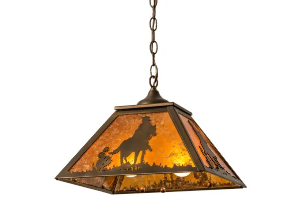A lone cowboy rides his trusty horse on the prairie as the early morning sun rises in this western inspired pendant design. Beautiful ambient light projects through stunning Amber Mica; which is complemented by a frame and decorative accents featured in an Antique Copper finish.Made in the USA; this fixture is handcrafted by Meyda artisans in our manufacturing facility at the foothills of the Adirondack Mountains.Custom colors; sizes and styles are available.Dimmable energy efficient options are also offered. The fixture is UL and cUL listed for damp and dry locations.