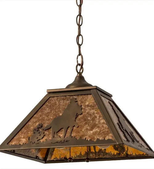 A lone cowboy rides his trusty horse on the prairie as the early morning sun rises in this western inspired pendant design. Beautiful ambient light projects through stunning Amber Mica; which is complemented by a frame and decorative accents featured in an Antique Copper finish.Made in the USA; this fixture is handcrafted by Meyda artisans in our manufacturing facility at the foothills of the Adirondack Mountains.Custom colors; sizes and styles are available.Dimmable energy efficient options are also offered. The fixture is UL and cUL listed for damp and dry locations. - alternate view