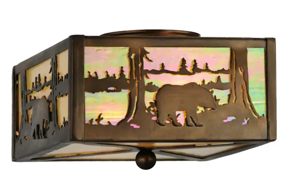Natural charm is captured beautifully with the majestic Bear meandering along the woodland lake as the late afternoon sun lowers in the background of this stunning ceiling fixture. Soft ambient light projects through the Beige Iridescent Glass lens; which is enhanced with a matching bottom diffuser. The hardware and decorative accents are offered in an Antique Copper finish. The cube-shaped fixture is perfect for placement in dining and living spaces in residences and hospitality locations. The Bear at Lake Flushmount is included in our American-made; American-designed; handcrafted Wildlife Collection and manufactured in Yorkville; New York. The fixture is UL and cUL listed for dry and damp locations. Upstate New York's adventurous playland; known as the Adirondack Mountains; with its many breathtaking forests; lakes; and rivers; is the spiritual birthplace of Meyda and inspires our rustic-themed glass collections.