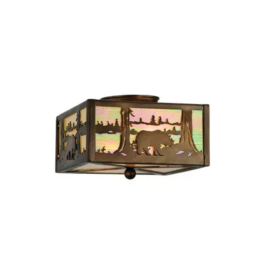 Natural charm is captured beautifully with the majestic Bear meandering along the woodland lake as the late afternoon sun lowers in the background of this stunning ceiling fixture. Soft ambient light projects through the Beige Iridescent Glass lens; which is enhanced with a matching bottom diffuser. The hardware and decorative accents are offered in an Antique Copper finish. The cube-shaped fixture is perfect for placement in dining and living spaces in residences and hospitality locations. The Bear at Lake Flushmount is included in our American-made; American-designed; handcrafted Wildlife Collection and manufactured in Yorkville; New York. The fixture is UL and cUL listed for dry and damp locations. Upstate New York's adventurous playland; known as the Adirondack Mountains; with its many breathtaking forests; lakes; and rivers; is the spiritual birthplace of Meyda and inspires our rustic-themed glass collections. - alternate view