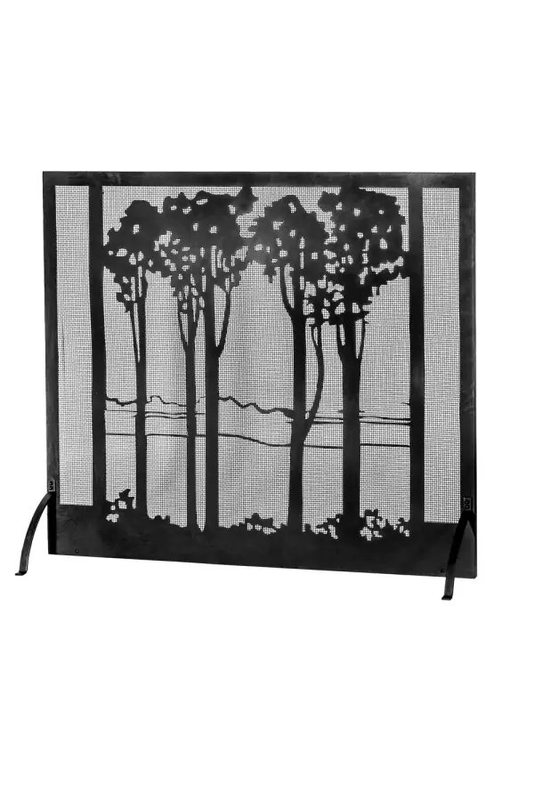 Revealing a dramatic nature-inspired design, this fireplace screen features an impressive stand of tall, spire-like Poplar Tree silhouettes highlighted in a bold Costello Black finish. This stunning firescreen will operate in front of a working fireplace in a home, lodge, restaurant or business. The handsome 55-inch wide firescreen is handcrafted in our manufacturing facility in Upstate New York, at the foothills of the Adirondack Mountains. Custom sizes, designs and finishes are available. Collection: Tall Poplars Finish: Black Metal Glass: Costello Black Width: 55.00" Height: 47.50" Length: 15.50" Weight: 60.00 lb Extension from Wall: 15.50" Number of Bulbs: 3 Bulb Base: Medium Material: Steel Country of Origin: USA Safety Listing: Dry Safety Rating: Dry