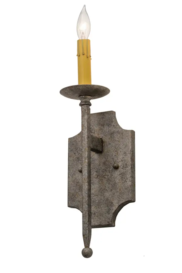An exquisite sconce design comes to light with all of the sparkle of a regal castle, conjuring up images of romantic bygone days. A single? faux Ivory colored candlelight perched on a bobeche with a ballpoint accent is embraced by a linear arm. The authentic frame and hardware that supports this fixture are featured in a Corinth finish. Handcrafted in the USA, custom sizes, styles, colors and dimmable energy efficient lamping options are available. UL and cUL listed for damp and dry locations. Collection: Toscano Finish: Corinth Glass: Mauve,Grey,Black Metal Finish Width: 5.00" Height: 15.00" Length: 4.25" Weight: 1.50 lb Extension from Wall: 4.25" Number of Bulbs: 1 Maximum Wattage: 60.00 W Bulb Type: BA9 Bulb Base: Candelabra Material: Steel Country of Origin: USA Safety Listing: Damp Safety Rating: Damp