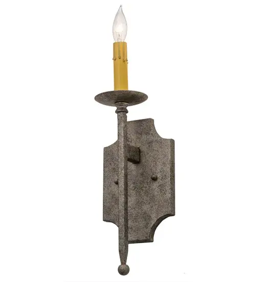 An exquisite sconce design comes to light with all of the sparkle of a regal castle, conjuring up images of romantic bygone days. A single? faux Ivory colored candlelight perched on a bobeche with a ballpoint accent is embraced by a linear arm. The authentic frame and hardware that supports this fixture are featured in a Corinth finish. Handcrafted in the USA, custom sizes, styles, colors and dimmable energy efficient lamping options are available. UL and cUL listed for damp and dry locations. Collection: Toscano Finish: Corinth Glass: Mauve,Grey,Black Metal Finish Width: 5.00" Height: 15.00" Length: 4.25" Weight: 1.50 lb Extension from Wall: 4.25" Number of Bulbs: 1 Maximum Wattage: 60.00 W Bulb Type: BA9 Bulb Base: Candelabra Material: Steel Country of Origin: USA Safety Listing: Damp Safety Rating: Damp - alternate view