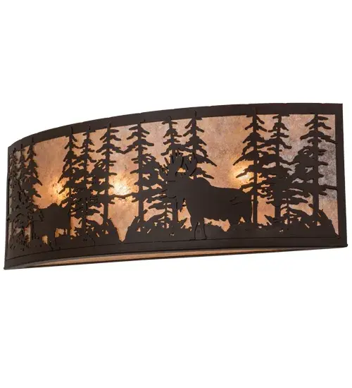 A charming nature inspired set of Tall Pine trees is highlighted with a majestic Bear and Moose meandering through the forest; on this wall sconce design. Beautiful ambient light is diffused through Silver Mica; which is complemented with decorative accents and hardware featured in a Cafe Noir finish. The fixture; which is ideal for any room in a home; hotel; restaurant or other commercial setting; is handcrafted in the Meyda manufacturing facility at the foothills of the breathtaking Adirondack Mountains in the USA. Custom styles; designs and sizes are offered. Energy efficient lamping options are available. The fixture is UL and cUL listed. - alternate view
