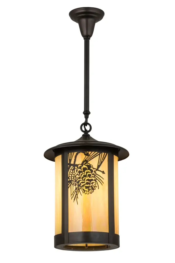With pinecones and pine needles delicately etched of Solid Brass, this compelling design features the iconic symbol of spiritual enlightenment and eternal life. Natural charm comes alive with ambient light shining through stunning Beige Iridescent art glass, which is enhanced with Craftsman Brown finished accents and hardware. This Craftsman Signature cylindrical shaped fixture is perfect for a variety of indoor and outdoor lighting applications and handcrafted by Meyda artisans in our manufacturing facility at the foothills of the Adirondack Mountains. Custom sizes, styles, colors and dimmable energy efficient lamping options are available. UL and cUL listed. Collection: Fulton Finish: Craftsman Brown Glass: Beige Iridescent Glass Width: 12.00" Height: 34.50" Length: 12.00" Weight: 9.50 lb Extension from Wall: 4.00" Number of Bulbs: 1 Maximum Wattage: 60.00 W Bulb Type: A19 Bulb Base: E26 Country of Origin: USA Safety Listing: Wet Safety Rating: Wet