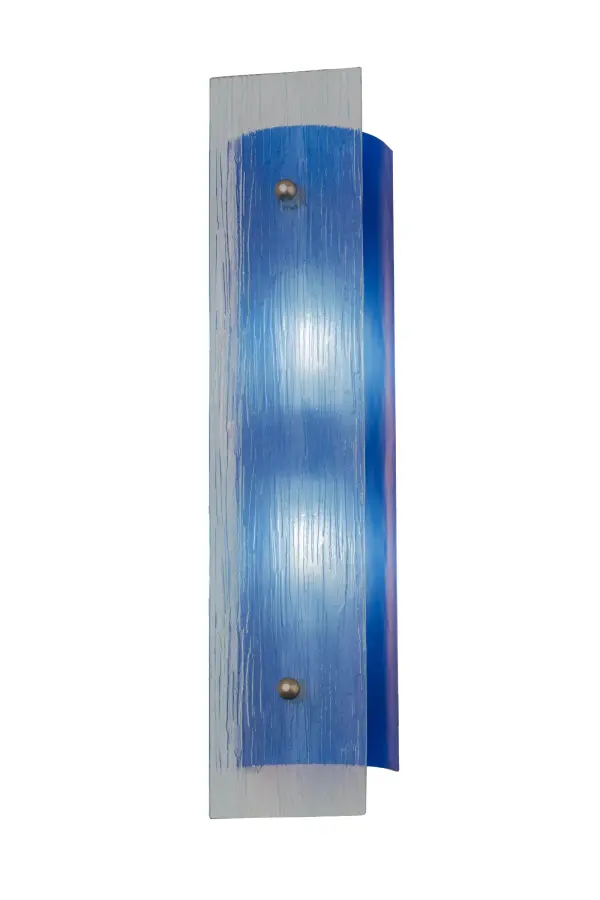 Rendering a sleek architectural look; this lighting design melds color with texture to create beautiful ambient illumination for any room. Streamlined Clear Textured glass is displayed at the forefront with Royal Blue curved art glass and accentuated with Nickel finished studs. Wall sconce artistry is created by the hands of highly skilled artisans at our manufacturing facility in Upstate New York in the USA. Custom sizes; styles and colors are available; as well as dimmable; energy efficient lamping options. UL and cUL listed for damp and dry locations.