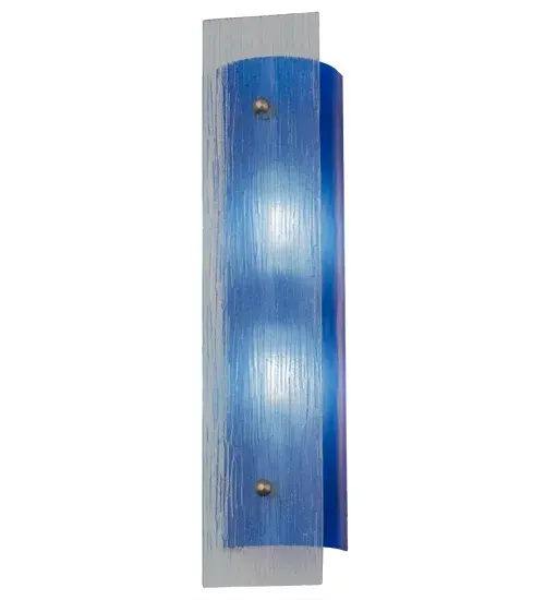 Rendering a sleek architectural look; this lighting design melds color with texture to create beautiful ambient illumination for any room. Streamlined Clear Textured glass is displayed at the forefront with Royal Blue curved art glass and accentuated with Nickel finished studs. Wall sconce artistry is created by the hands of highly skilled artisans at our manufacturing facility in Upstate New York in the USA. Custom sizes; styles and colors are available; as well as dimmable; energy efficient lamping options. UL and cUL listed for damp and dry locations. - alternate view