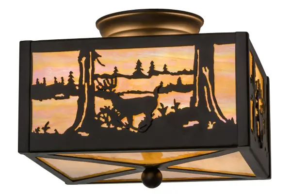 Natural charm is captured beautifully with this striking design of a young buck meandering by a woodland lake. Beautiful ambient lighting is created by Beige Iridescent art glass; which is enhanced by decorative accents; frame and matching hardware in an Oil Rubbed Bronze finish.The fixture is handcrafted in the Meyda manufacturing facility; which is located at the foothills of the Adirondack Mountains. Additional wildlife and custom designs available; as well as energy efficient lamping options. The fixture is UL and cUL listed for damp and dry locations.