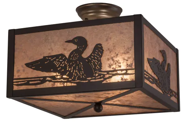 Listen to the eerie calls of the Loon echo across clear lakes of the wilderness. This charming wildlife design captures a Loon swimming across a country lake. The decorative accents and hardware are highlighted in a Timeless Bronze finish on an alluring Silver Mica shade. This nature inspired fixture is handcrafted by Meyda artisans in our manufacturing facility at the foothills of New York's Adirondack Mountains. Custom options include various sizes; designs; colors and dimmable energy efficient lamping. The fixture is UL and cUL listed.