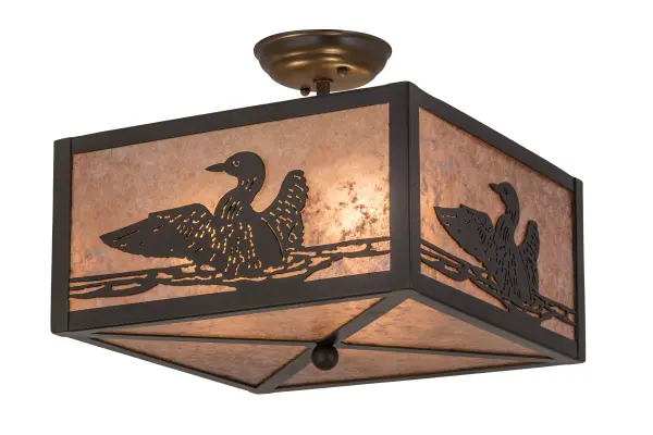 Listen to the melodious calls of the Loon echo across the mountain lake as this aquatic bird wades across the water. The Loon Flushmount projects beautiful ambient light from a stunning Silver Mica shade, which is complemented with a handsome geometric styled frame, decorative accents, and hardware in a Timeless Bronze finish. Custom sizes, styles, and colors are offered, as well as dimmable energy efficient lamping options such as LED. The 14-inch square flush mount is UL and cUL listed for dry and damp locations. Collection: Loon Finish: Timeless Bronze Glass: Silver Mica Width: 20.00" Height: 12.00" Length: 14.00" Weight: 7.50 lb Number of Bulbs: 3 Maximum Wattage: 60.00 W Bulb Type: A19 Bulb Base: E26 Material: Steel Country of Origin: USA Safety Listing: Damp Safety Rating: Damp